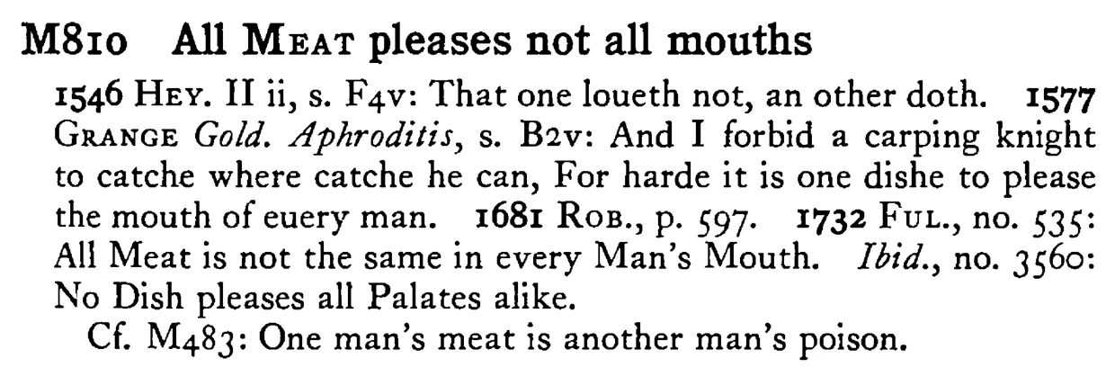 All MEAT pleases not all mouths - a scanned entry from Tilley's 1950 Dictionary of Proverbs.