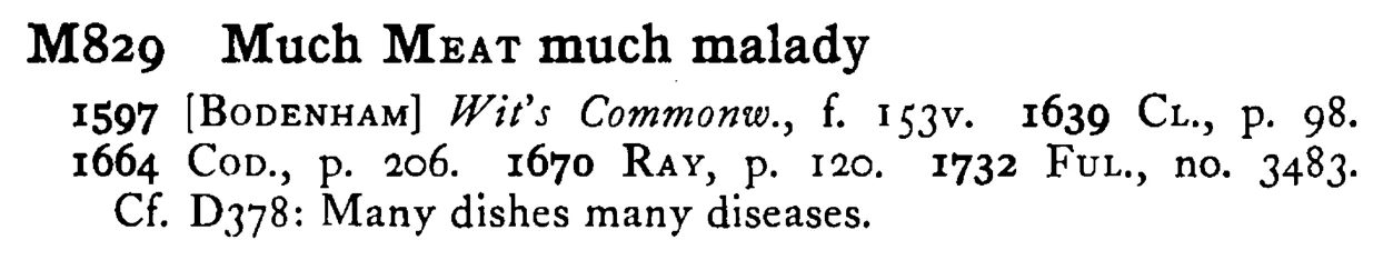 Much MEAT much malady - a scanned entry from Tilley's 1950 Dictionary of Proverbs.