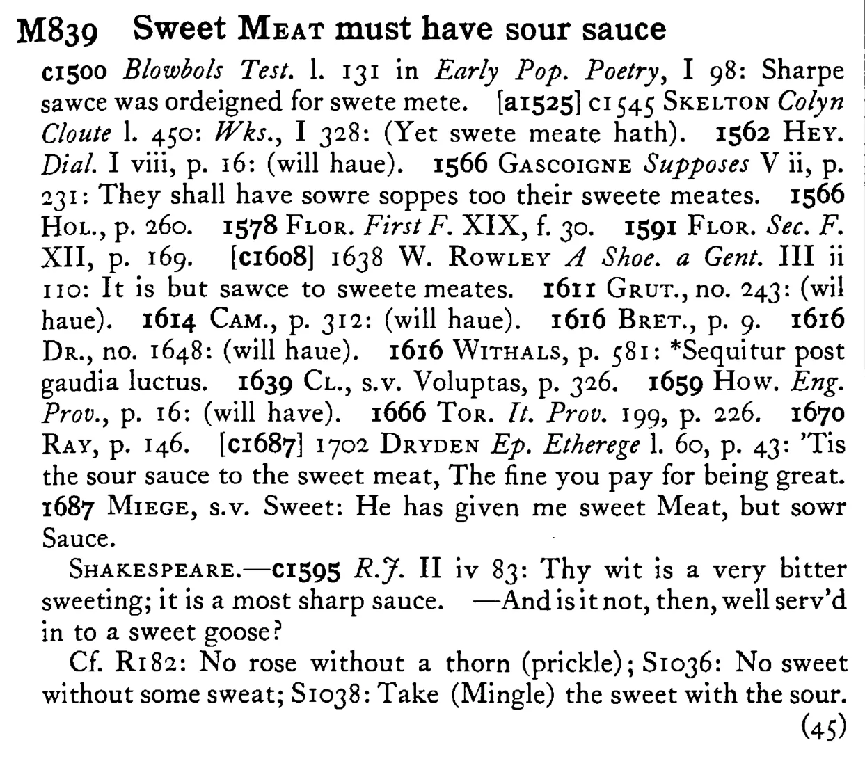Sweet MEAT must have sour sauce - a scanned entry from Tilley's 1950 Dictionary of Proverbs.