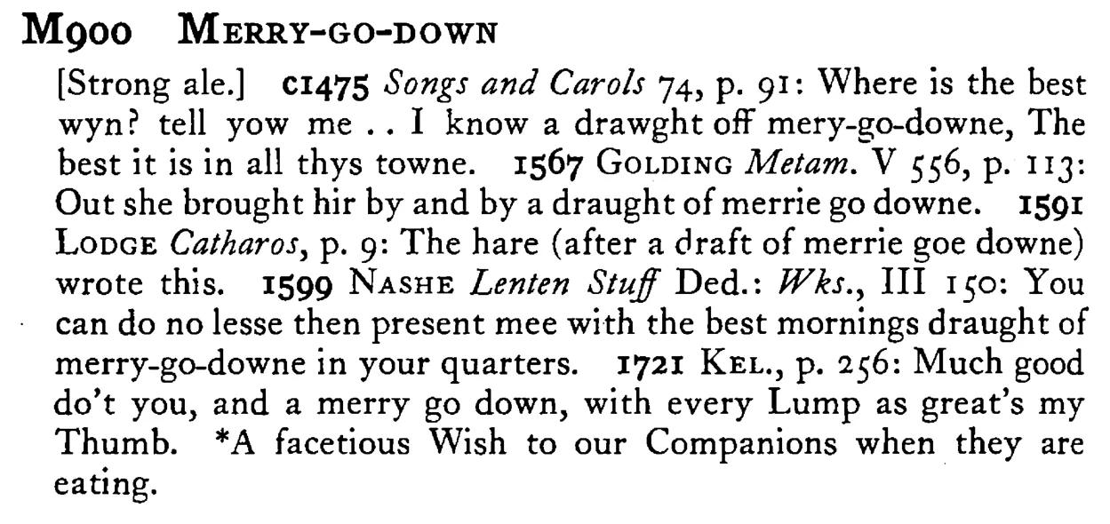 MERRY-GO-DOWN - a scanned entry from Tilley's 1950 Dictionary of Proverbs.