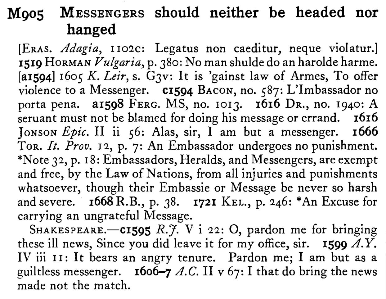 MESSENGERS should neither be headed nor hanged - a scanned entry from Tilley's 1950 Dictionary of Proverbs.