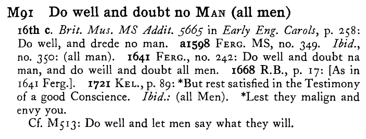 Do well and doubt no MAN (all men) - a scanned entry from Tilley's 1950 Dictionary of Proverbs.