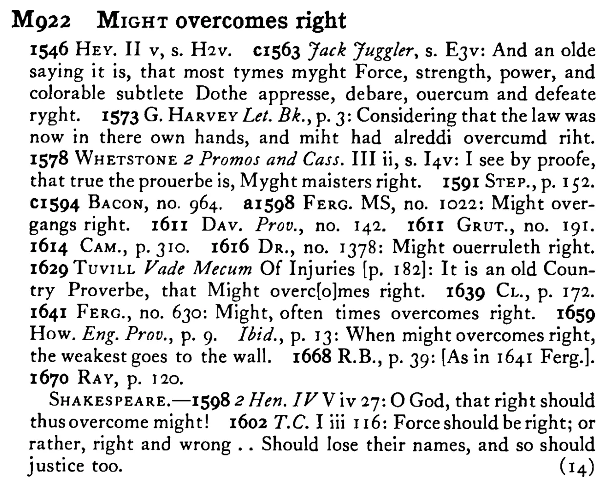 MIGHT overcomes right - a scanned entry from Tilley's 1950 Dictionary of Proverbs.