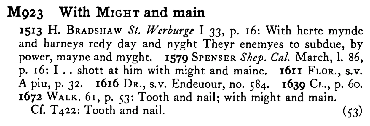 With MIGHT and main - a scanned entry from Tilley's 1950 Dictionary of Proverbs.
