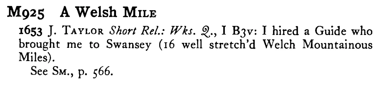 A Welsh MILE - a scanned entry from Tilley's 1950 Dictionary of Proverbs.