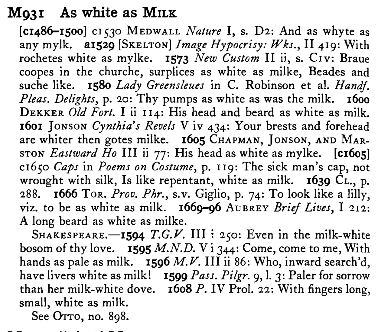 As white as MILK - a scanned entry from Tilley's 1950 Dictionary of Proverbs.
