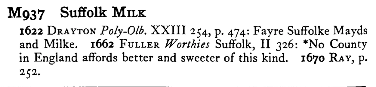 Suffolk MILK - a scanned entry from Tilley's 1950 Dictionary of Proverbs.