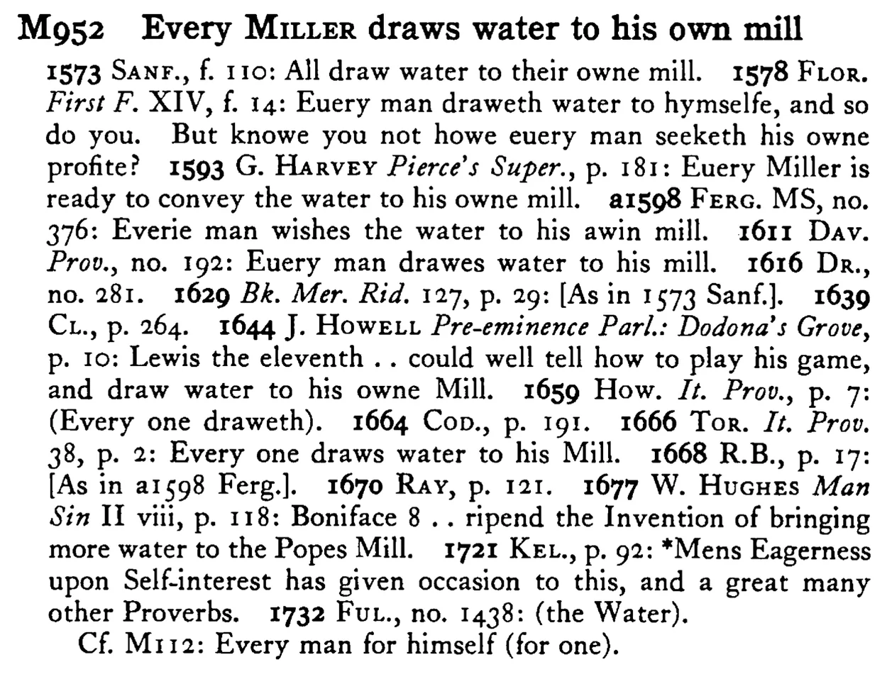 Every MILLER draws water to his own mill - a scanned entry from Tilley's 1950 Dictionary of Proverbs.
