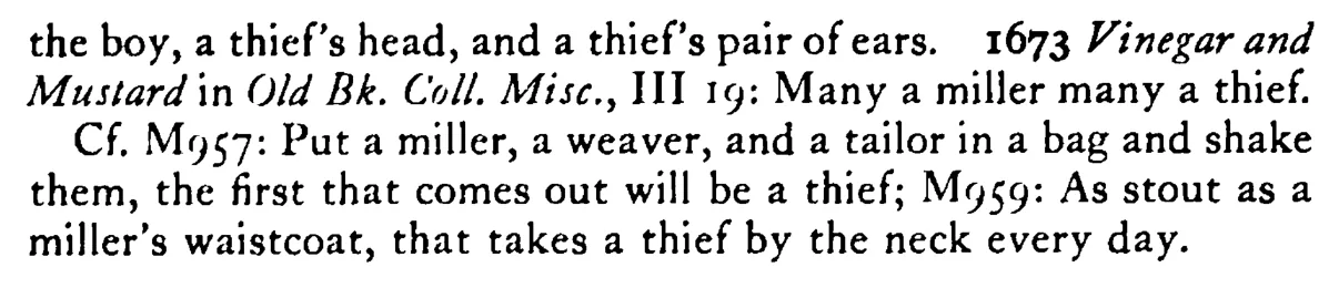 The MILLER is a thief - a scanned entry from Tilley's 1950 Dictionary of Proverbs. (continuation)