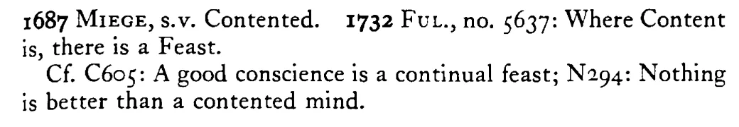 A contented MIND is a continual feast - a scanned entry from Tilley's 1950 Dictionary of Proverbs. (continuation)