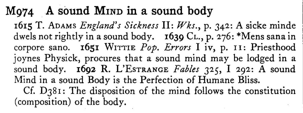 A sound MIND in a sound body - a scanned entry from Tilley's 1950 Dictionary of Proverbs.