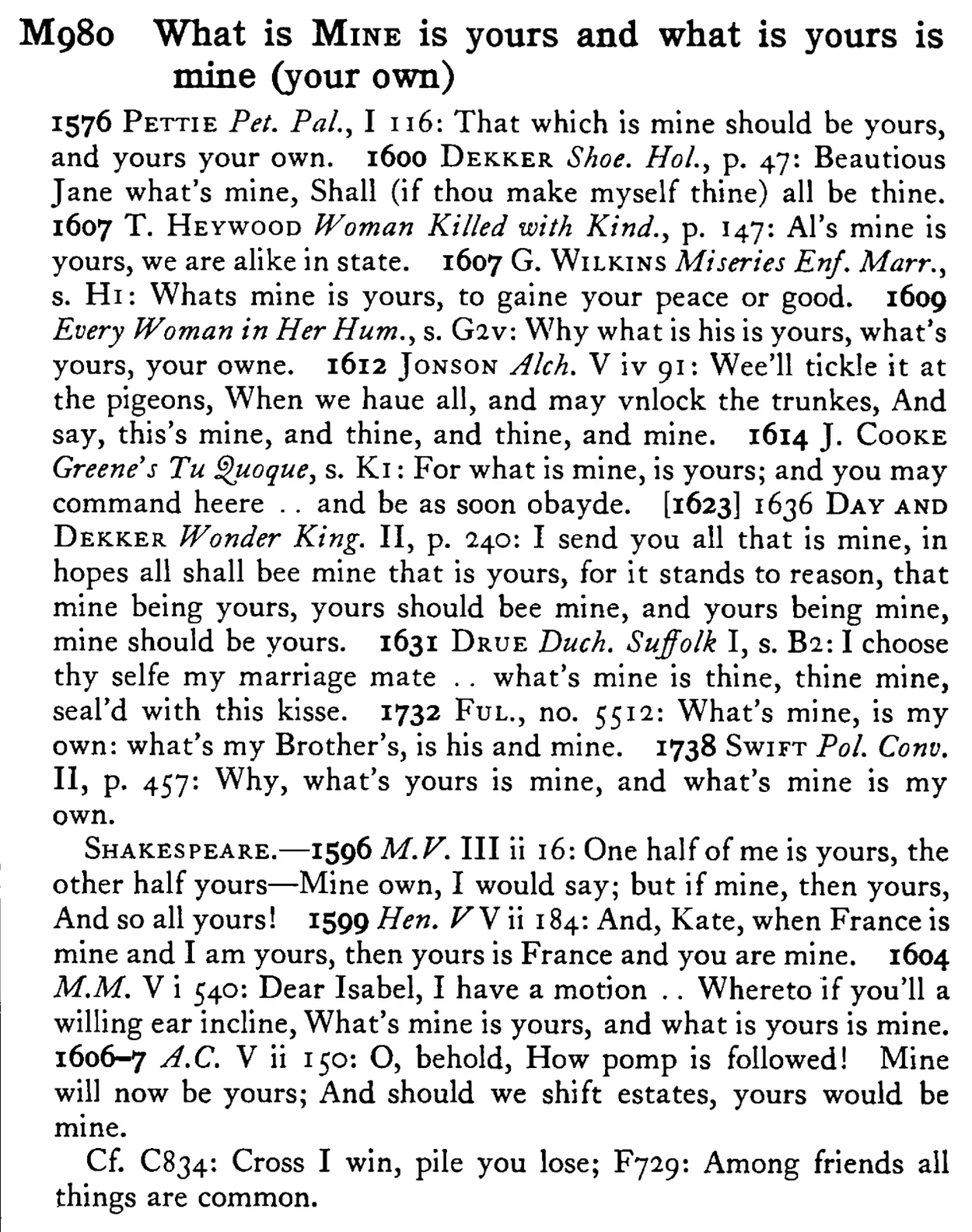 What is MINE is yours and what is yours is mine (your own) - a scanned entry from Tilley's 1950 Dictionary of Proverbs.