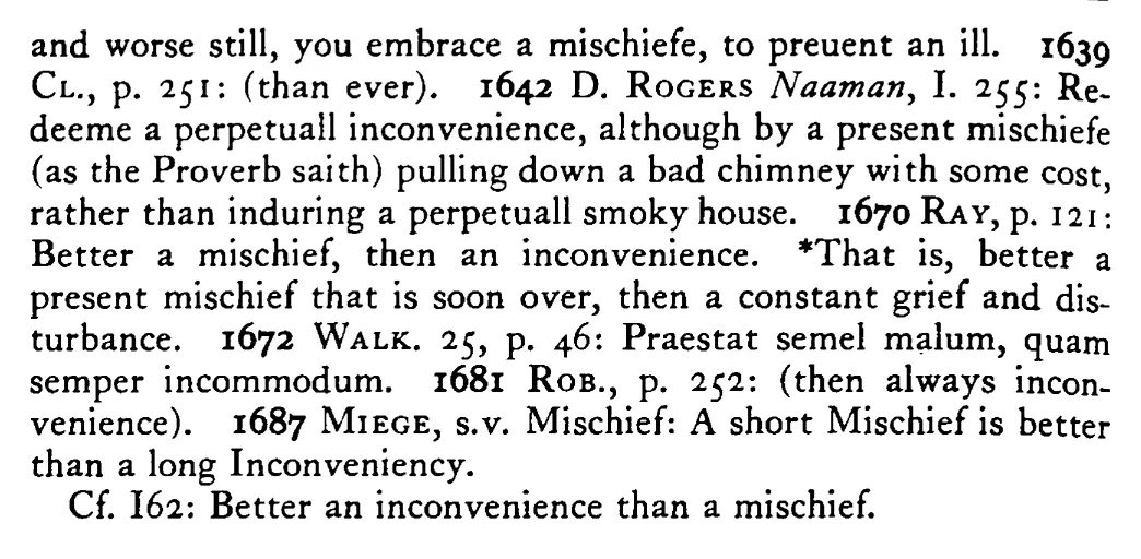Better once a MISCHIEF than always an inconvenience - a scanned entry from Tilley's 1950 Dictionary of Proverbs. (continuation)