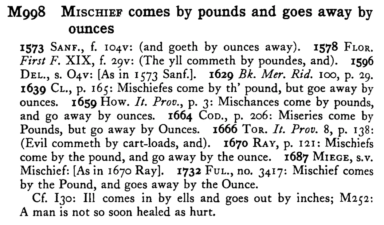 MISCHIEF comes by pounds and goes away by ounces - a scanned entry from Tilley's 1950 Dictionary of Proverbs.