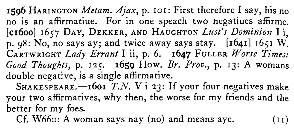 Two NEGATIVES make an affirmative - a scanned entry from Tilley's 1950 Dictionary of Proverbs. (continuation)