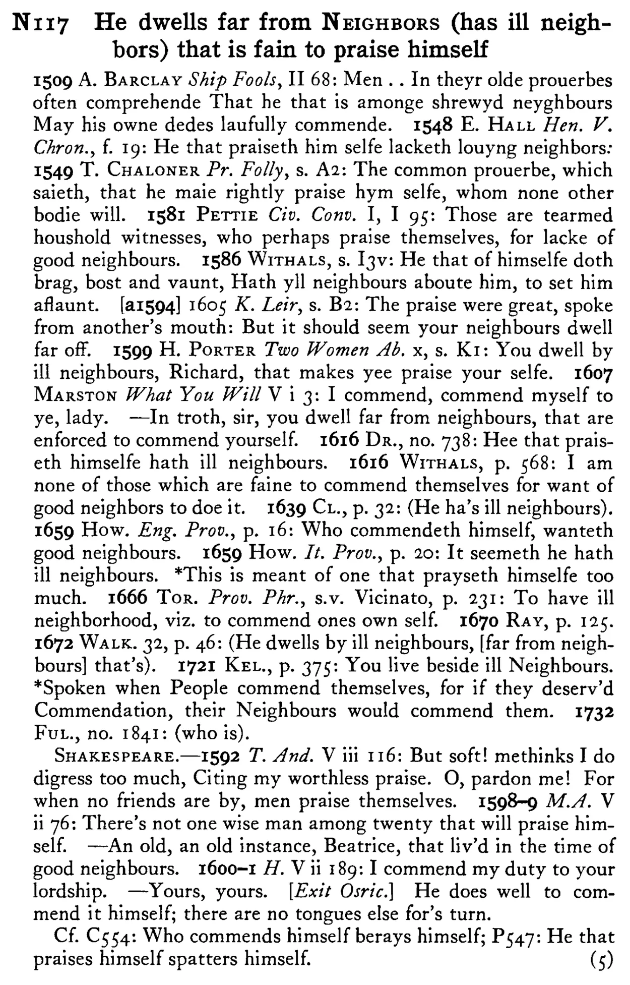 He dwells far from NEIGHBORS (has ill neighbors) that is fain to praise himself - a scanned entry from Tilley's 1950 Dictionary of Proverbs.