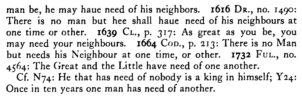 One may need one's NEIGHBORS sometime - a scanned entry from Tilley's 1950 Dictionary of Proverbs. (continuation)