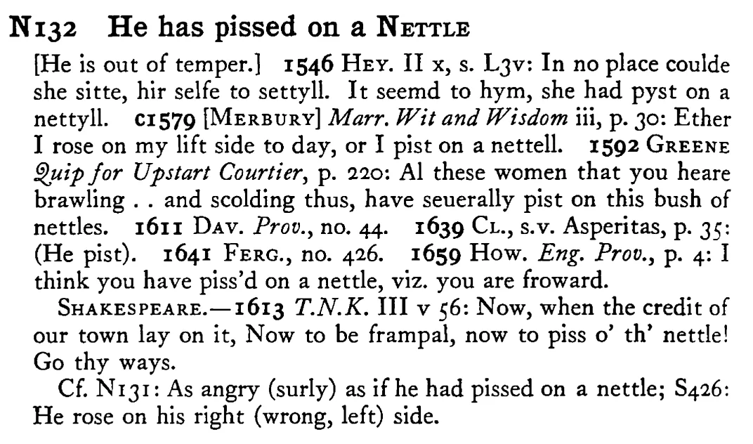 He has pissed on a NETTLE - a scanned entry from Tilley's 1950 Dictionary of Proverbs.