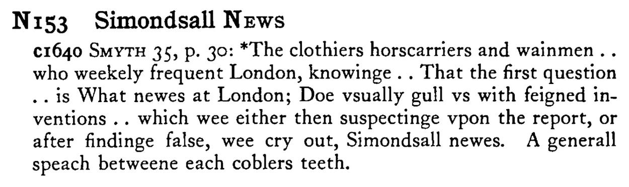 Simondsall NEWS - a scanned entry from Tilley's 1950 Dictionary of Proverbs.