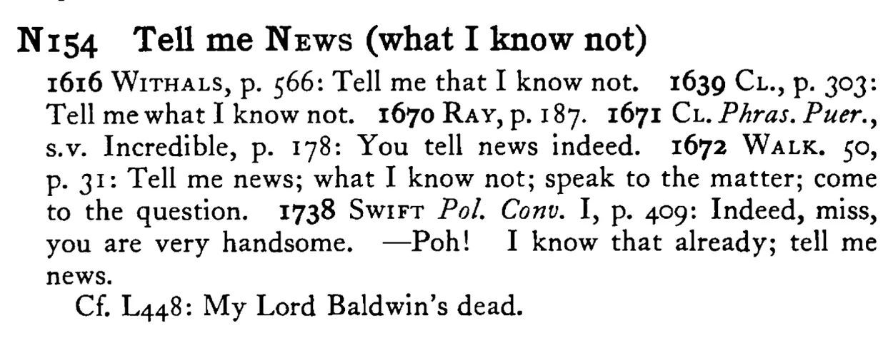 Tell me NEWS (what I know not) - a scanned entry from Tilley's 1950 Dictionary of Proverbs.