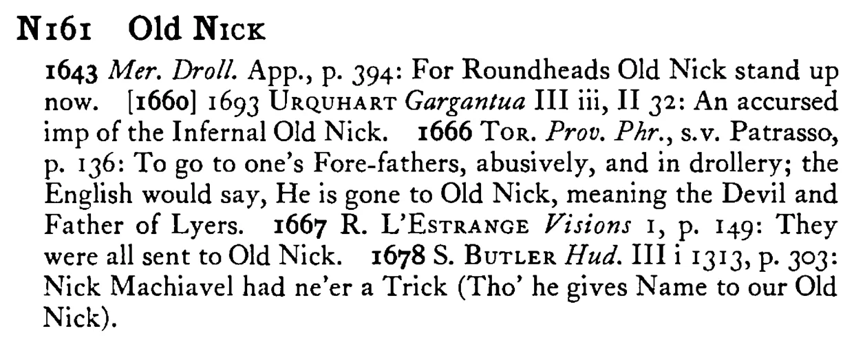 Old NICK - a scanned entry from Tilley's 1950 Dictionary of Proverbs.