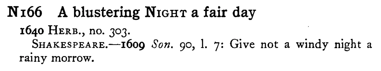 A blustering NIGHT a fair day - a scanned entry from Tilley's 1950 Dictionary of Proverbs.
