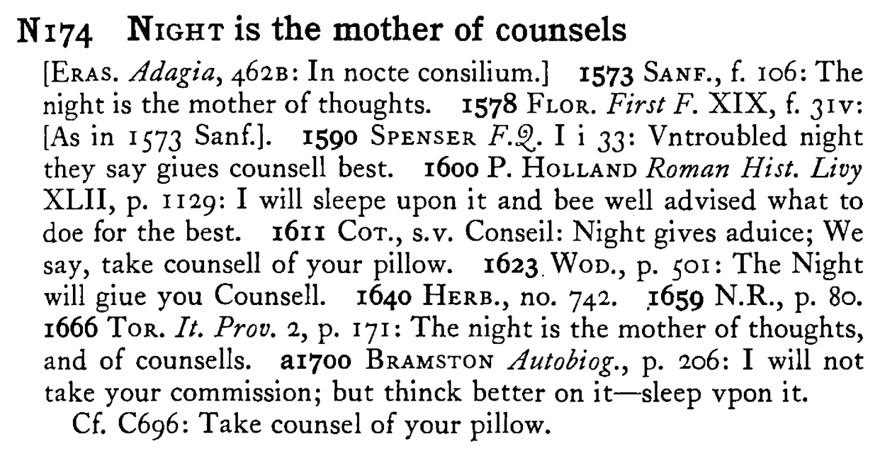 NIGHT is the mother of counsels - a scanned entry from Tilley's 1950 Dictionary of Proverbs.