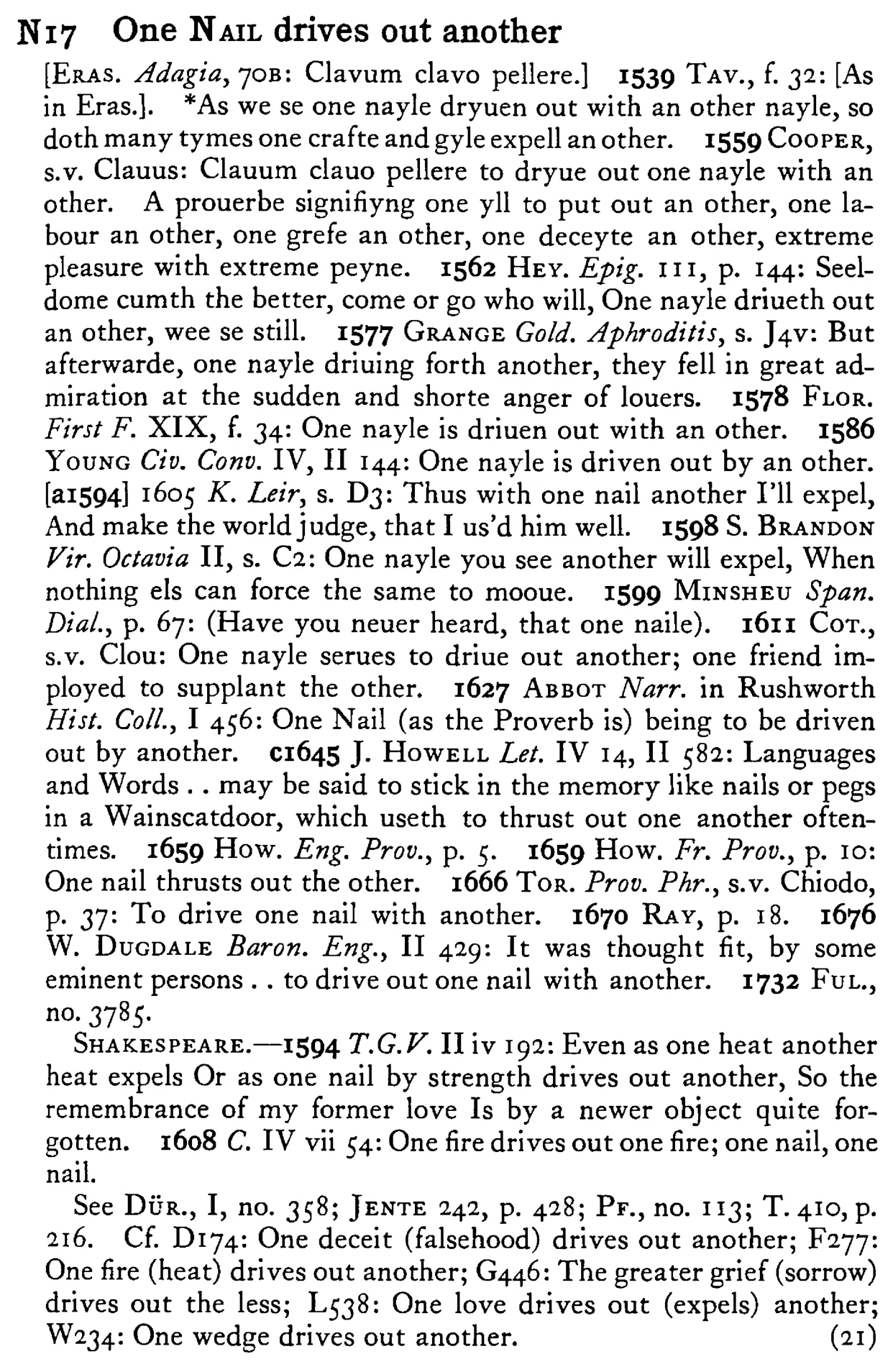 One NAIL drives out another - a scanned entry from Tilley's 1950 Dictionary of Proverbs.