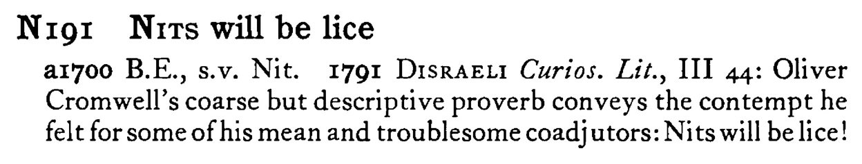 NITS will be lice - a scanned entry from Tilley's 1950 Dictionary of Proverbs.