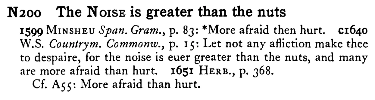 The NOISE is greater than the nuts - a scanned entry from Tilley's 1950 Dictionary of Proverbs.