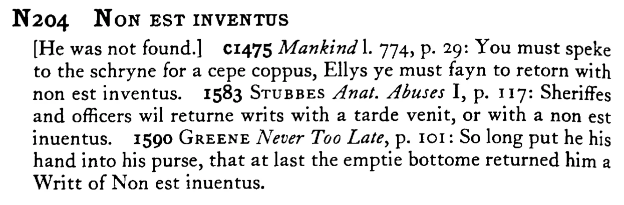 NON EST INVENTUS - a scanned entry from Tilley's 1950 Dictionary of Proverbs.