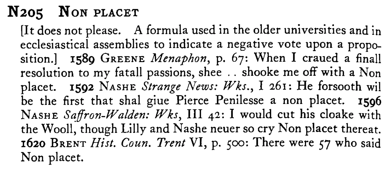 NON PLACET - a scanned entry from Tilley's 1950 Dictionary of Proverbs.