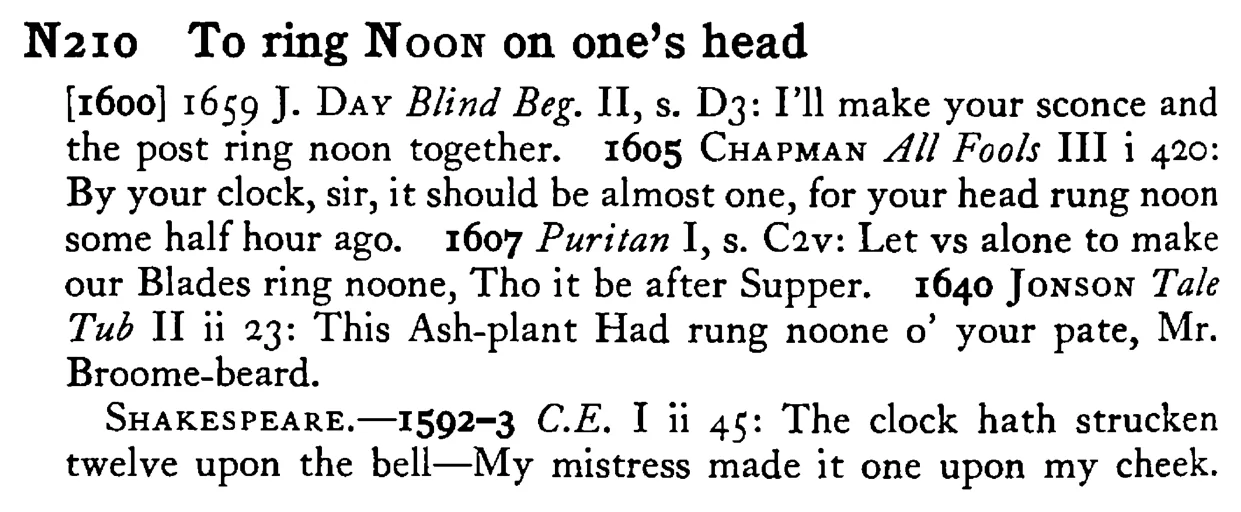 To ring NOON on one's head - a scanned entry from Tilley's 1950 Dictionary of Proverbs.
