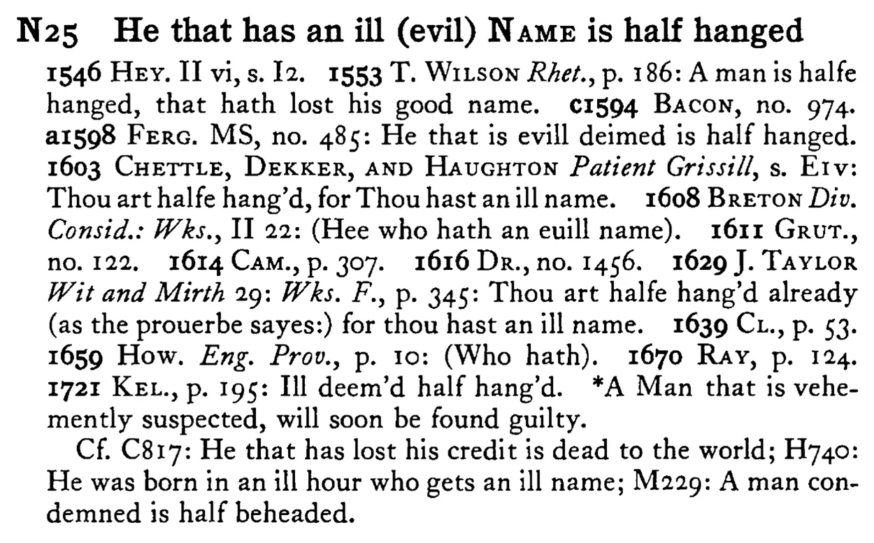 He that has an ill (evil) NAME is half hanged - a scanned entry from Tilley's 1950 Dictionary of Proverbs.
