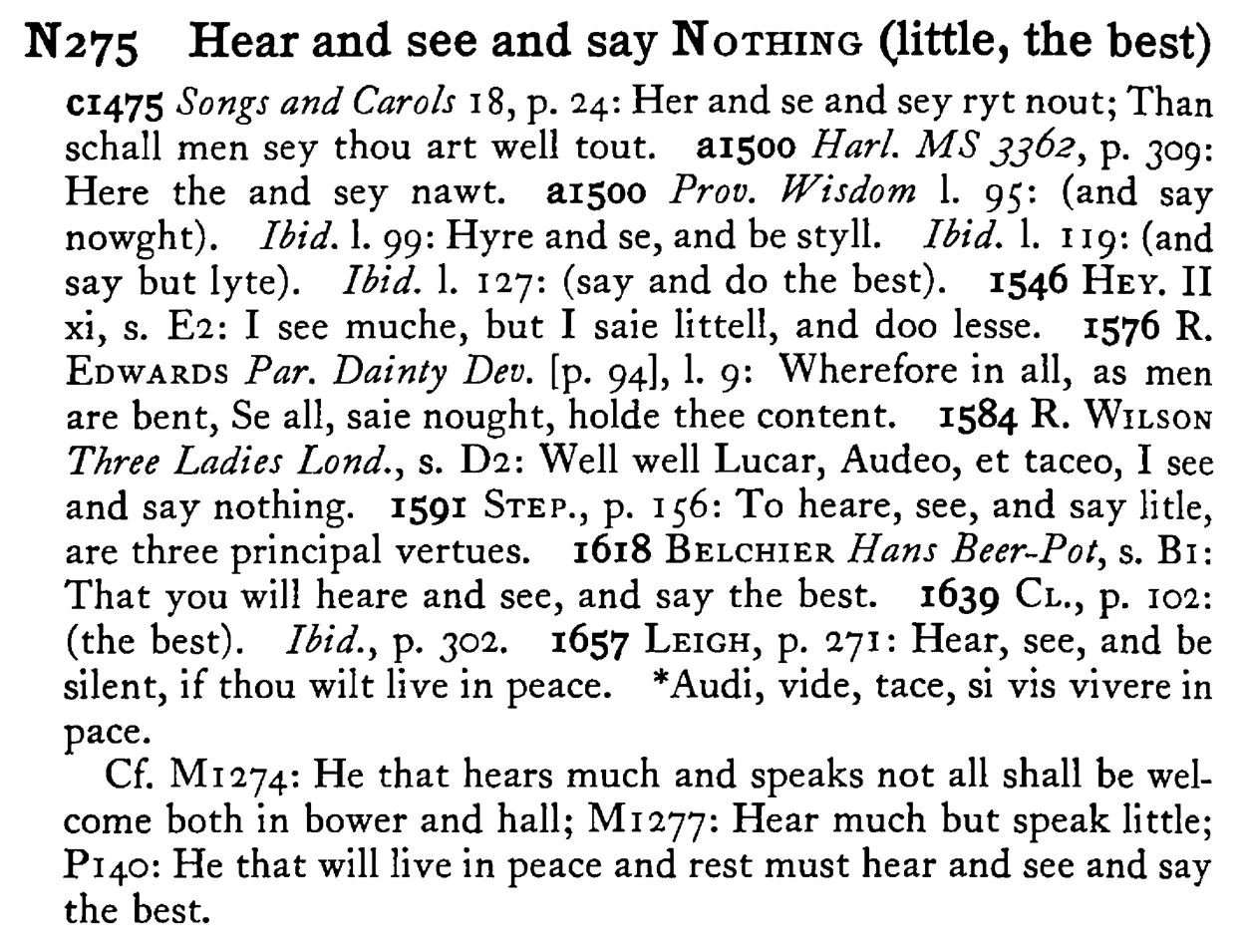 Hear and see and say NOTHING (little, the best) - a scanned entry from Tilley's 1950 Dictionary of Proverbs.