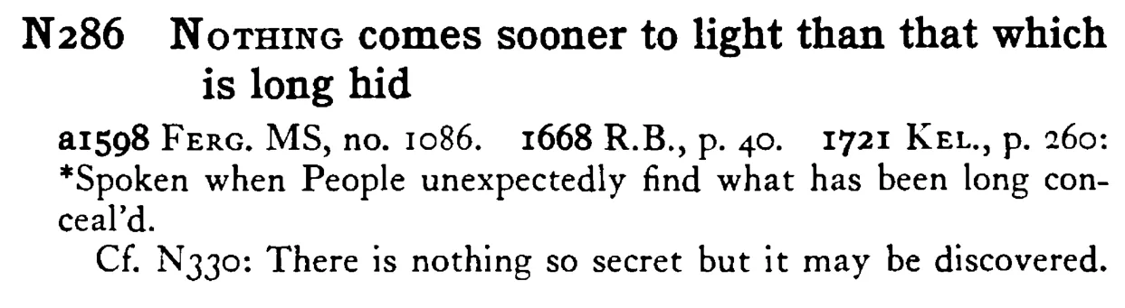 NOTHING comes sooner to light than that which is long hid - a scanned entry from Tilley's 1950 Dictionary of Proverbs.