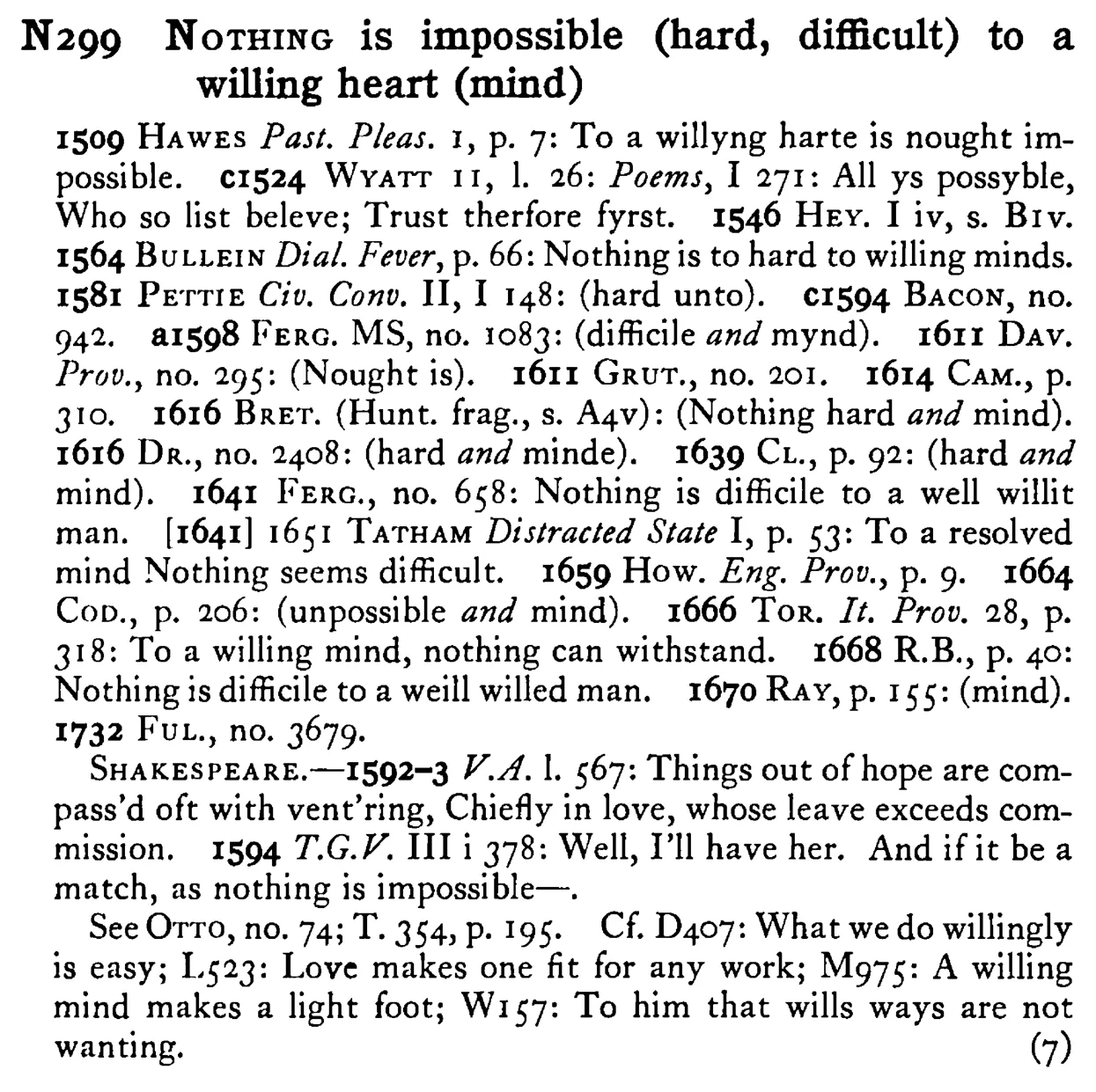 NOTHING is impossible (hard, difficult) to a willing heart (mind) - a scanned entry from Tilley's 1950 Dictionary of Proverbs.