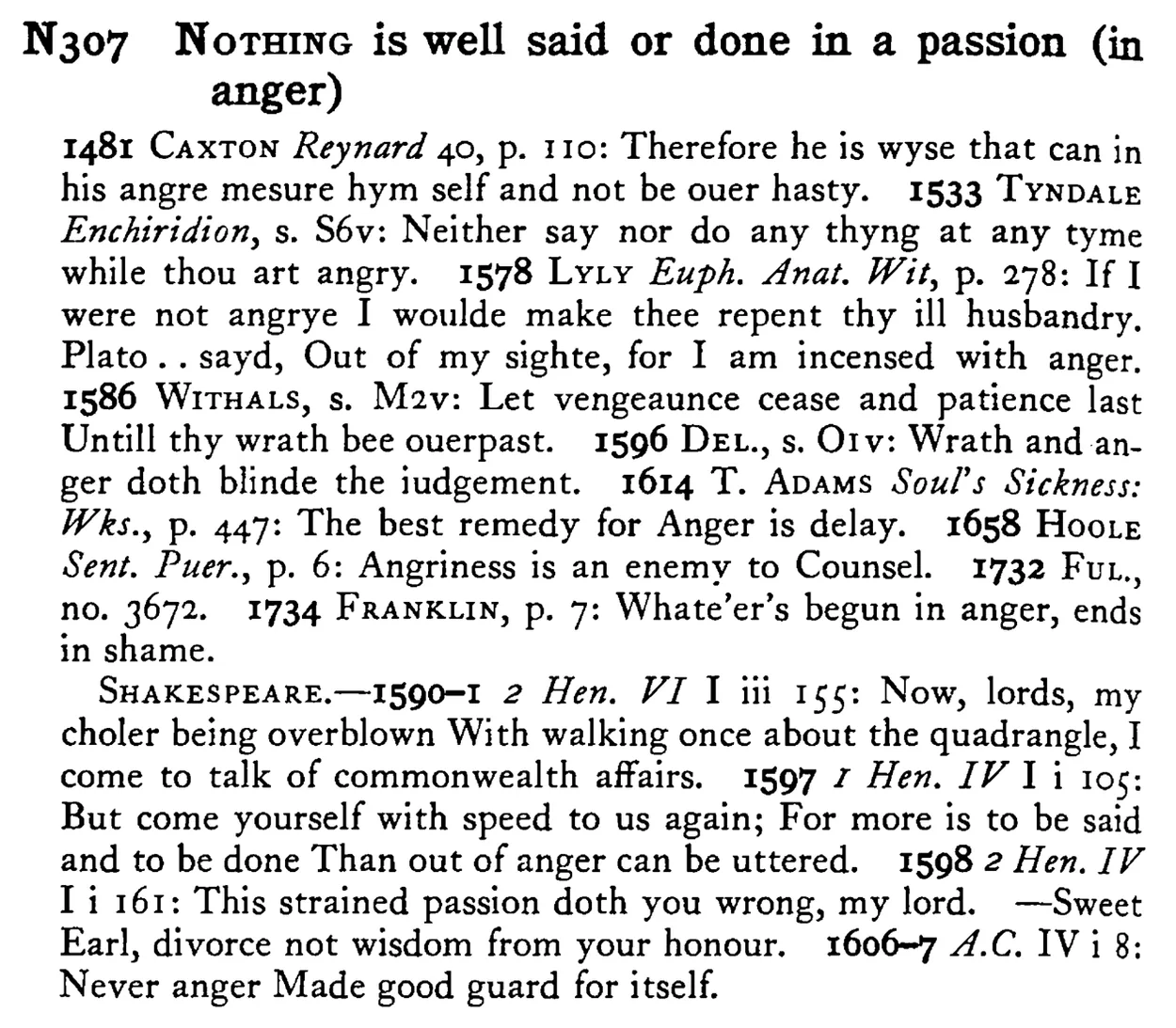NOTHING is well said or done in a passion (in anger) - a scanned entry from Tilley's 1950 Dictionary of Proverbs.