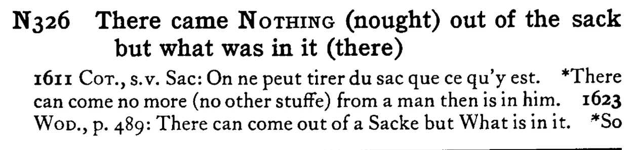 There came NOTHING (nought) out of the sack but what was in it (there) - a scanned entry from Tilley's 1950 Dictionary of Proverbs.