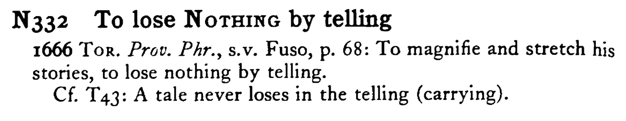 To lose NOTHING by telling - a scanned entry from Tilley's 1950 Dictionary of Proverbs.
