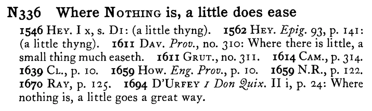 Where NOTHING is, a little does ease - a scanned entry from Tilley's 1950 Dictionary of Proverbs.