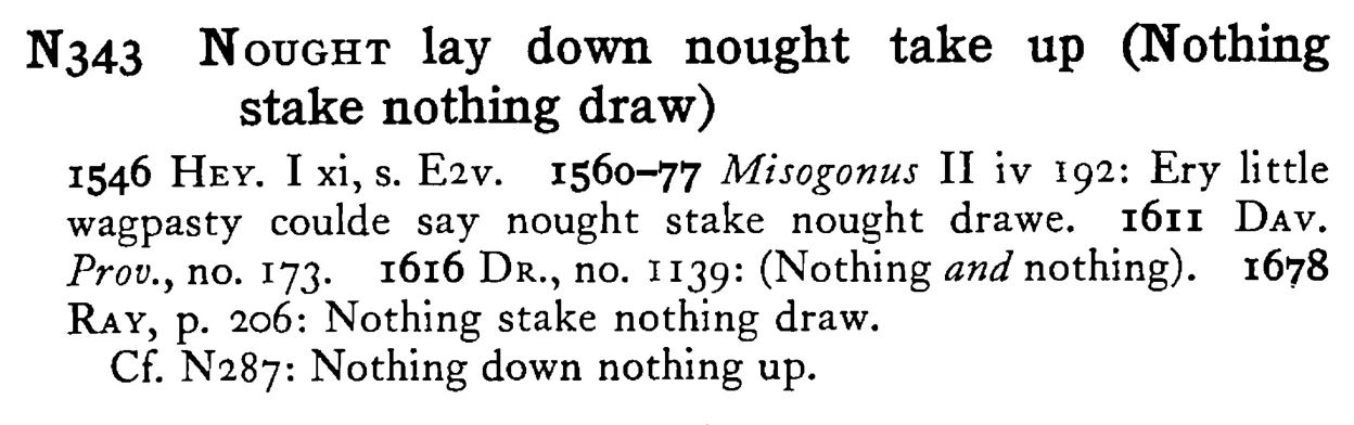 NOUGHT lay down nought take up (Nothing stake nothing draw) - a scanned entry from Tilley's 1950 Dictionary of Proverbs.