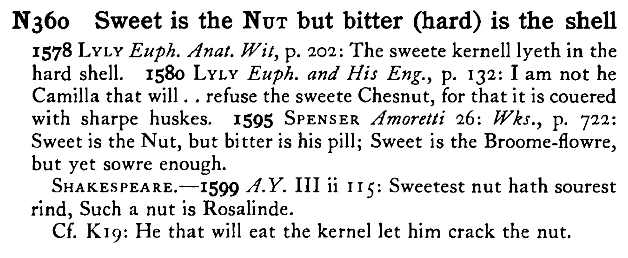 Sweet is the NUT but bitter (hard) is the shell - a scanned entry from Tilley's 1950 Dictionary of Proverbs.