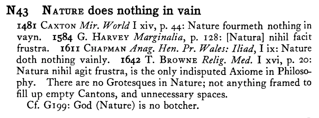NATURE does nothing in vain - a scanned entry from Tilley's 1950 Dictionary of Proverbs.