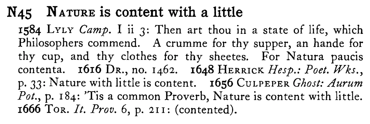 NATURE is content with a little - a scanned entry from Tilley's 1950 Dictionary of Proverbs.