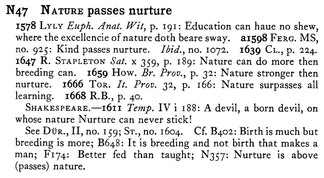 NATURE passes nurture - a scanned entry from Tilley's 1950 Dictionary of Proverbs.