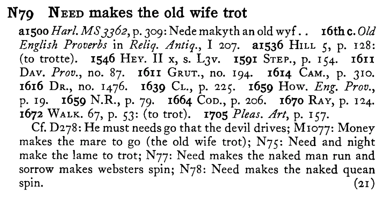 NEED makes the old wife trot - a scanned entry from Tilley's 1950 Dictionary of Proverbs.