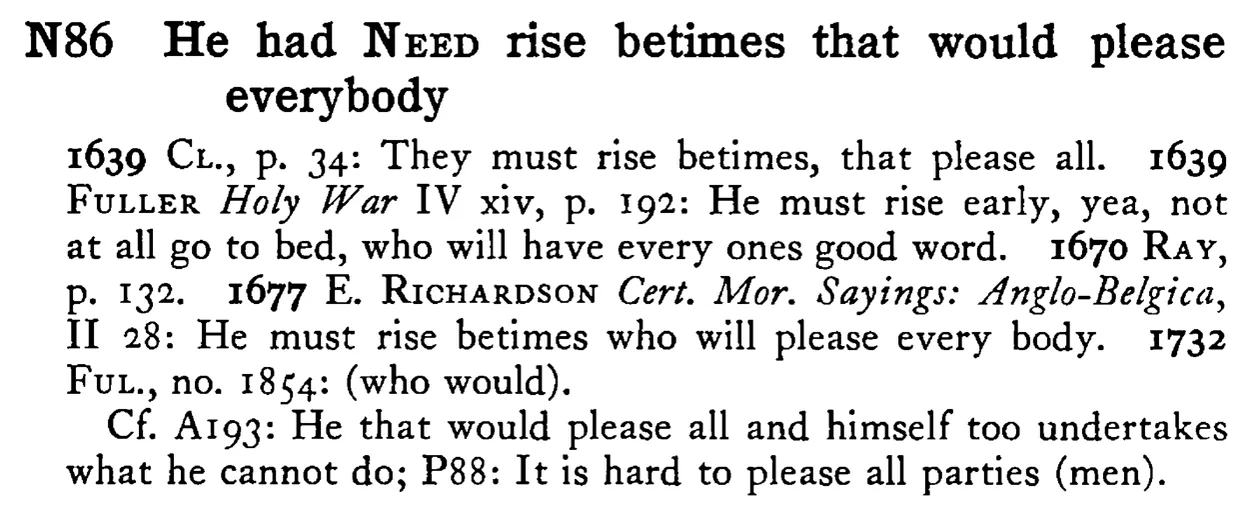He had NEED rise betimes that would please everybody - a scanned entry from Tilley's 1950 Dictionary of Proverbs.