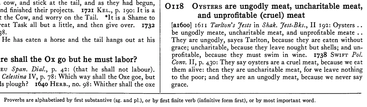 OYSTERS are ungodly meat, uncharitable meat, and unprofitable (cruel) meat - a scanned entry from Tilley's 1950 Dictionary of Proverbs.