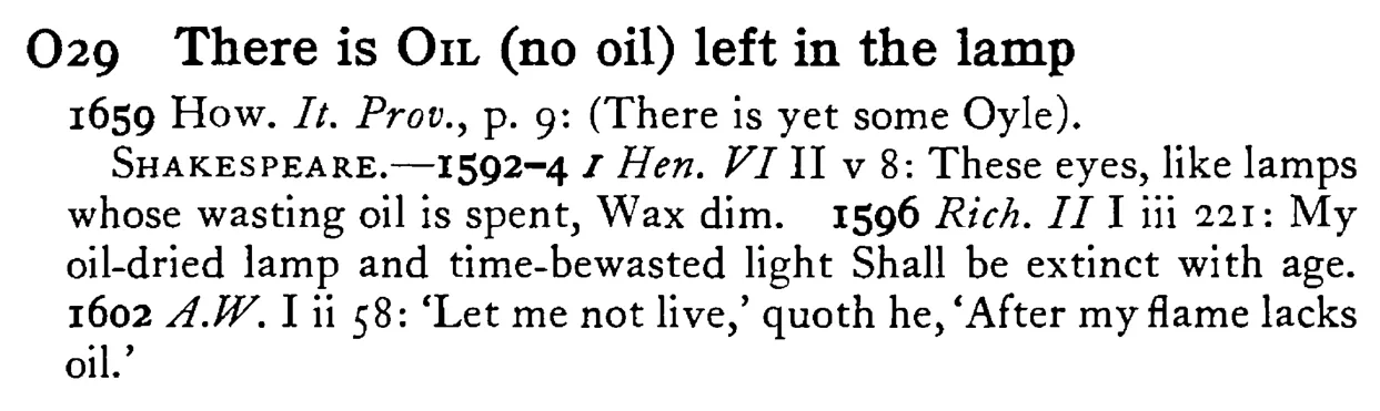 There is OIL (no oil) left in the lamp - a scanned entry from Tilley's 1950 Dictionary of Proverbs.